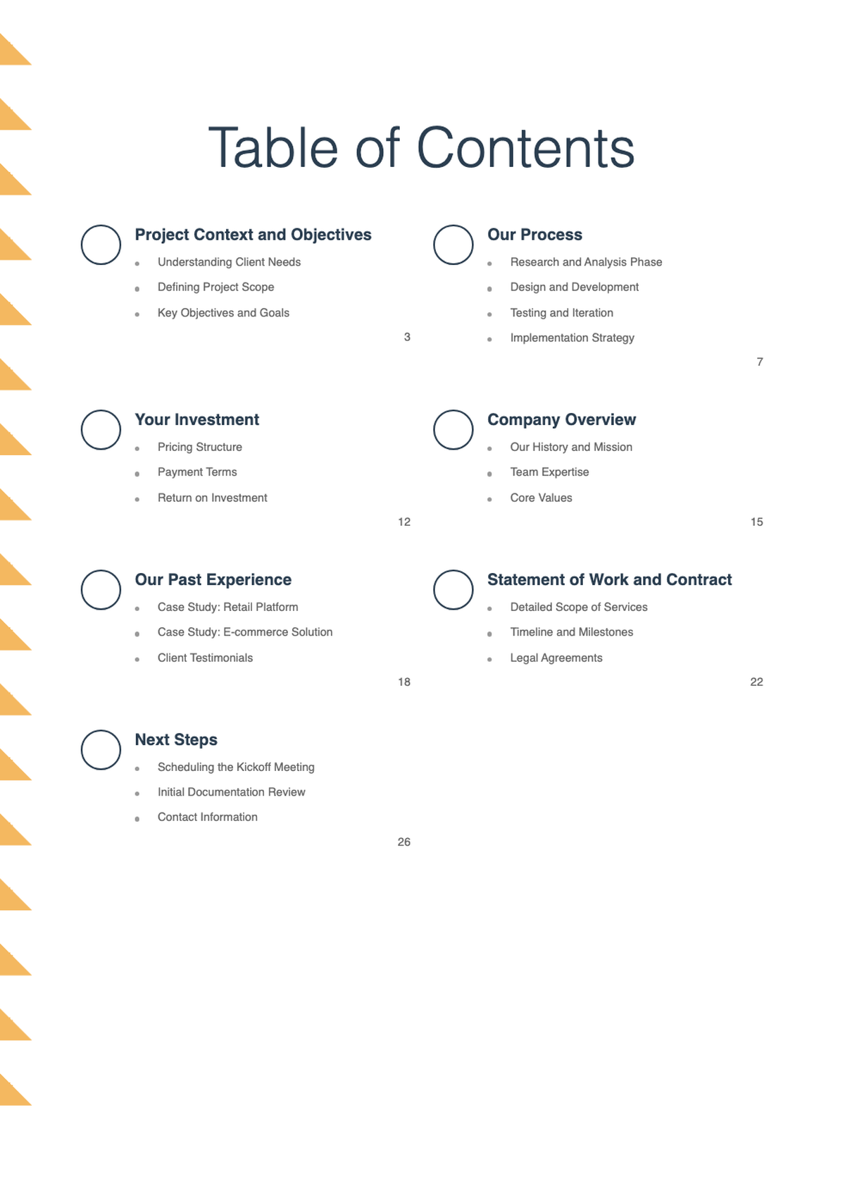 Professional proposal table of contents with numbered sections and circular design elements_variant_3